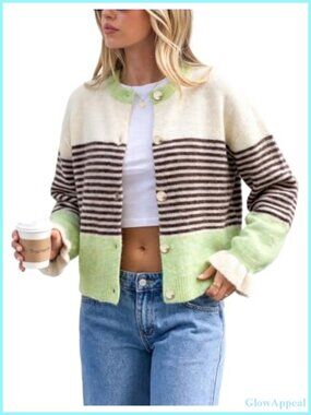 Women's Striped Puff Sleeve Knit Button Cardigan Fall Winter Sweater
